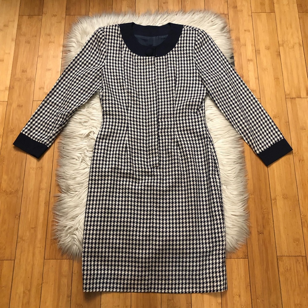 Vintage Talbots Houndstooth Classic Long Sleeve Black White Sheath Dress size M